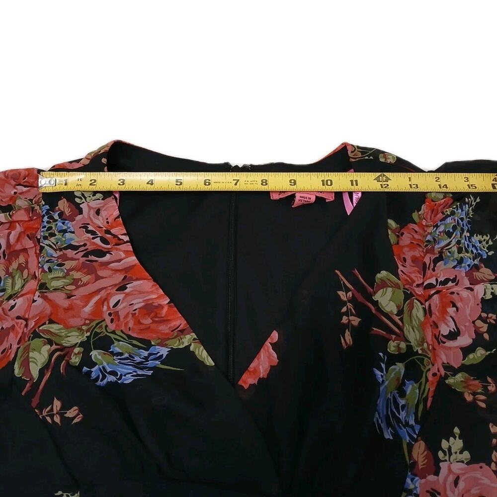 Betsy Johnson Floral Mini Dress Sz 4 Black Pink Babydoll Bell Sleeves Whimsigoth - Picture 15 of 16